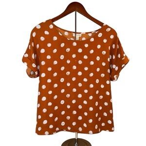 Maison Jules Top Dolman Cuffed Sleeve Scoop Neck Rust &White Polka Dot Sz Medium